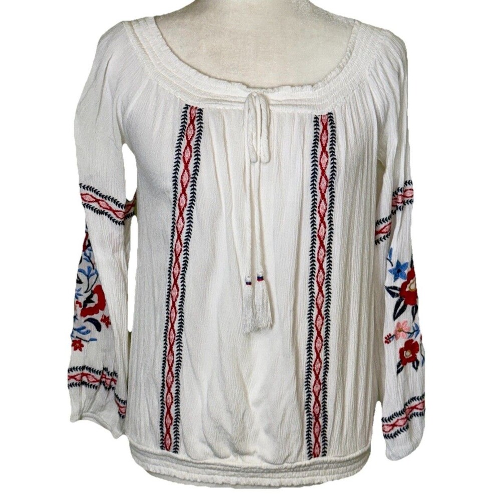 Women Boho Embroidered Peasant Blouse White Long Sleeve Tassel Top Size Medium